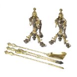 A PAIR OF STEEL AND BRASS ANDIRONS IN GEORGE II STYLE LATE 19TH CENTURY each leaf decorated and of