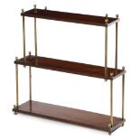 A SET OF MAHOGANY AND BRASS CAMPAIGN HANGING WALL SHELVES EARLY 19TH CENTURY with three tiers,