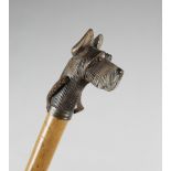 A CARVED WOOD WALKING CANE C.1920 the handle in the form of a terrier's head, with glass eyes and