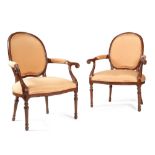 A PAIR OF ANGLO-CHINESE HUANGHUALI AND PADOUK OPEN ARMCHAIRS IN 'FRENCH HEPPLEWHITE' STYLE, LATE