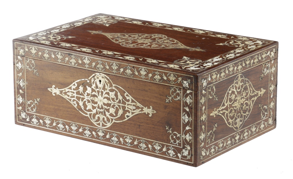 λ A FRENCH ROSEWOOD JEWELLERY BOX C.1850-60 inlaid with brass and ivory, with scrolling leaves and