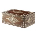 λ A FRENCH ROSEWOOD JEWELLERY BOX C.1850-60 inlaid with brass and ivory, with scrolling leaves and