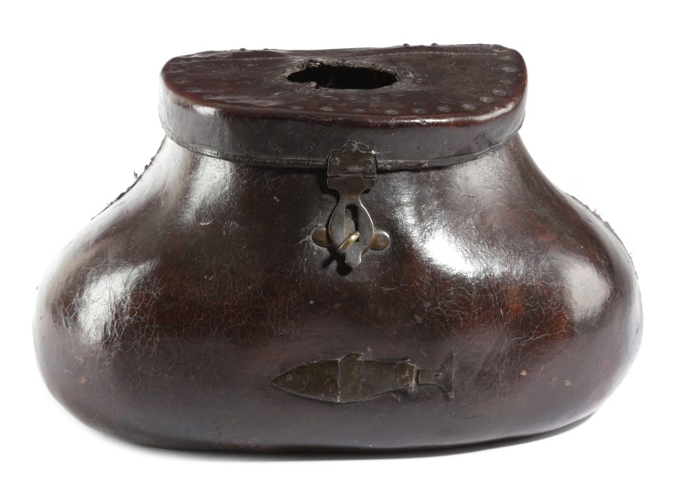A LEATHER POT BELLIED FISHING CREEL 18TH CENTURY the hinged and pierced lid with a band of punched