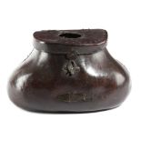 A LEATHER POT BELLIED FISHING CREEL 18TH CENTURY the hinged and pierced lid with a band of punched