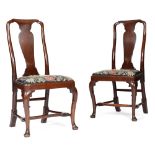 A PAIR OF GEORGE II RED WALNUT SIDE CHAIRS C.1730-40 each with a solid vase shaped splat, above a