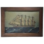A FOLK ART CARVED AND PAINTED WOOD SAILOR'S MARINE PICTURE LATE 19TH CENTURY depicting a five masted