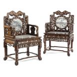 A PAIR OF CHINESE HARDWOOD THRONE ARMCHAIRS LATE 19TH CENTURY inlaid with mother of pearl, with