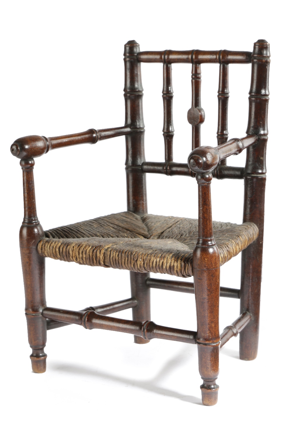 A MAHOGANY MINIATURE FAUX BAMBOO OPEN ARMCHAIR EARLY 19TH CENTURY possibly an apprentice piece, with