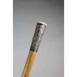 λ A CHINESE SILVER HANDLED WALKING CANE C.1880 decorated with figures, a pavilion, trees, flowers