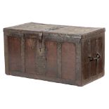 AN IRON BOUND WOOD CHEST 18TH CENTURY with studded strapwork mounts, the interior with a till and