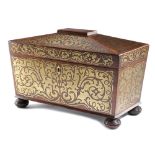 λ A WILLIAM IV ROSEWOOD AND CUT-BRASS MARQUETRY TEA CHEST C.1830 of sarcophagus shape, decorated