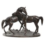 AN ANIMALIER BRONZE GROUP OF AN ARAB MARE AND STALLION 'L'ACCOLADE' AFTER PIERRE-JULES MENE (