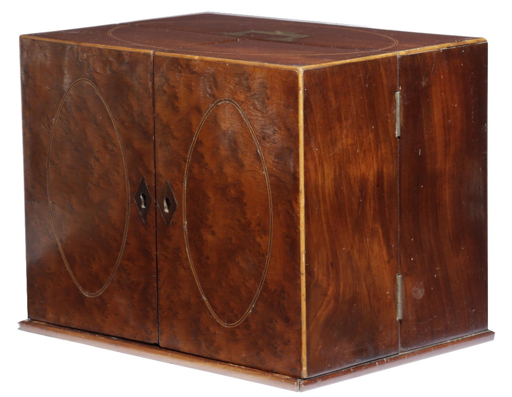 A GEORGE III MAHOGANY AND BURR YEW PORTABLE WRITING CABINET C.1790-1800 inlaid with stringing, the