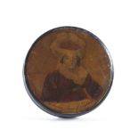 A LACQUERED PAPIER-MACHE QUEEN CAROLINE SNUFF BOX EARLY 19TH CENTURY the lid with a coloured
