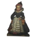 A PAINTED MAHOGANY DUMMY BOARD 19TH CENTURY of an Elizabethan girl, holding a basket of cherries and