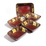FIVE SMALL REGENCY RED JAPANNED PAPIER-MACHE TRAYS C.1820-30 each decorated in gilt with grapevine