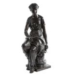 A FRENCH BRONZE OF A CLASSICAL MAIDEN MID-19TH CENTURY seated on a fluted column, holding a scroll
