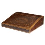 A GEORGE III HAREWOOD AND MARQUETRY WRITING SLOPE C.1790-1800 with fruitwood feather banding and