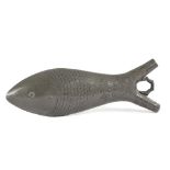 A PEWTER POWDER FLASK IN THE FORM OF A FISH 19TH CENTURY with wriggle work decoration and dated '
