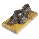 A FRENCH COLD PAINTED METAL DOG'S HEAD DESK PAPERCLIP C.1890-1900 possibly a dachshund, with glass