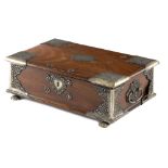 AN INDO-PORTUGUESE HARDWOOD CASKET EARLY 18TH CENTURY with silver mounts, decorated with urns of