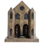 A FOLK ART PRIMITIVE PAINTED WOOD WEATHER HOUSE in the form of a Gothic castle,