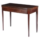 A GEORGE III MAHOGANY TEA TABLE C.1790-1800 inlaid with boxwood stringing, the rectangular fold-over