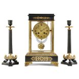 A FRENCH GILT AND PATINATED BRONZE FOUR-GLASS MANTEL CLOCK GARNITURE IN EMPIRE STYLE, C.1870-80