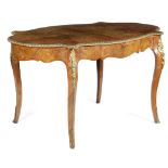 A WALNUT AND MARQUETRY CENTRE TABLE IN LOUIS XV STYLE C.1870 with gilt bronze mounts, the shaped top