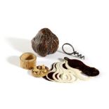 λ A SCANDINAVIAN CARVED BIRCH COLLECTION OF MICRO-SCULPTURE ITEMS POSSIBLY FOR A DOLL'S HOUSE