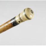 λ A WILLIAM AND MARY IVORY AND HALF PIQUE WORK HANDLED WALKING CANE C.1700 the crown decorated