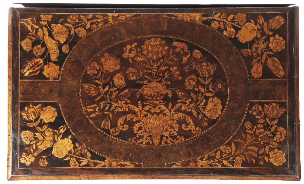 A WILLIAM AND MARY OYSTER VENEERED AND MARQUETRY CHEST C.1690 inlaid with tulips, birds, flowers and - Image 2 of 2