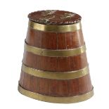 A MINIATURE COOPERED SALTING BARREL C.1840-50 of tapering form and staved construction with brass