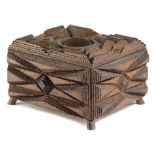 AN AMERICAN CARVED WOOD TRAMP ART SEWING BOX SECOND HALF 19TH CENTURY decorated with zig-zag