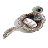 A 19TH CENTURY CHAMPLEVE ENAMEL AND MICROMOSAIC GRAND TOUR CHAMBERSTICK C.1860-70 of leaf shape