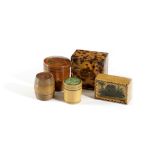 FIVE SMALL REGENCY SYCAMORE BOXES EARLY 19TH CENTURY comprising: an early Tunbridge white ware