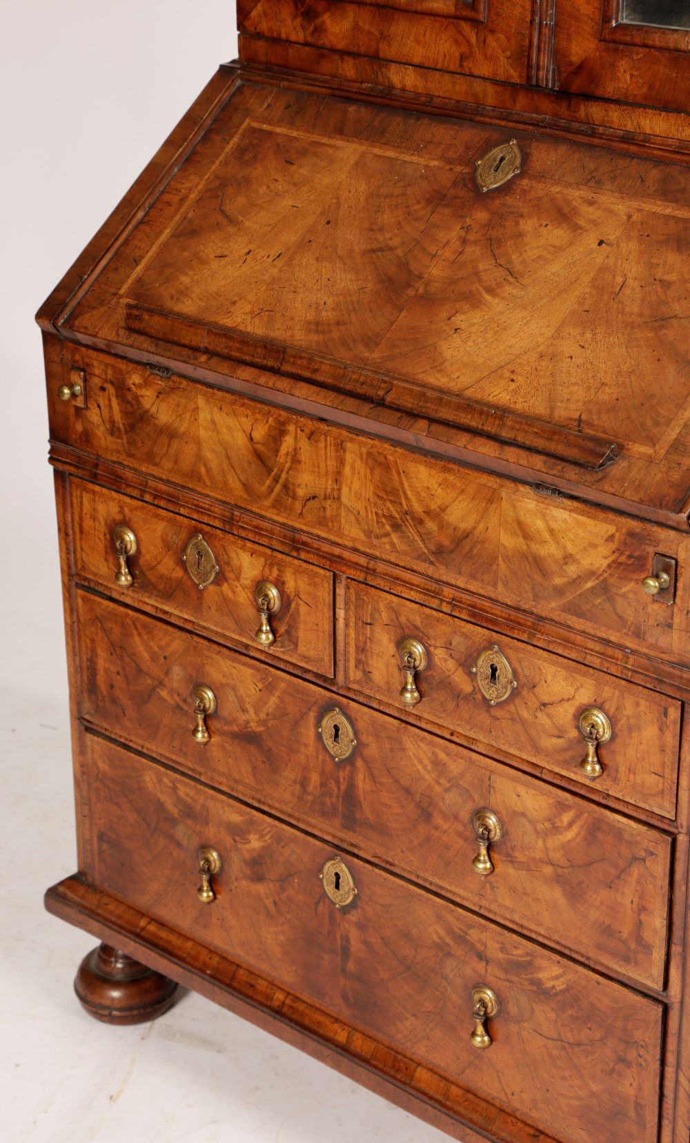 A GEORGE I WALNUT BUREAU BOOKCASE C.1715-20 with cross and feather banding, the moulded cornice - Image 2 of 3