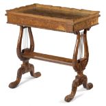 A GEORGE IV BURR OAK WORK TABLE ATTRIBUTED TO GILLOWS, C.1825-30 the tray top with a scroll carved