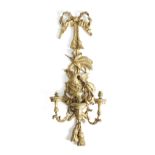 A CARVED GILTWOOD AND GESSO WALL LIGHT IN LOUIS XVI STYLE 19TH CENTURY the backplate carved with