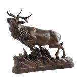 A BLACK FOREST CARVED LINDEN WOOD MODEL OF A BELLOWING STAG LATE 19TH / EARLY 20TH CENTURY running