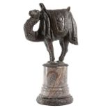 A BRONZE MODEL OF A CAMEL on a turned marble plinth, the base with a band of laurel leaves 38cm