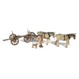 A CARVED AND PAINTED WOOD HORSE AND CART GROUP ATTRIBUTED TO FRANK WHITTINGTON (1876-1973) OF FOREST