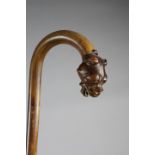 A SHEPHERD'S CROOK WALKING CANE C.1900 the handle carved with a snarling bulldog's head, with bone