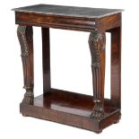 A GEORGE IV MAHOGANY CONSOLE TABLE C.1820 with nulled mouldings, the grey marble top above a cushion