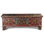 A EUROPEAN PAINTED PINE MARRIAGE CHEST PROBABLY TRANSYLVANIAN, 19TH CENTURY decorated with panels of