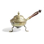 AN 18TH CENTURY BRASS BURNER OR WARMER POSSIBLY DUTCH, C.1740 the hinged pierced lid decorated