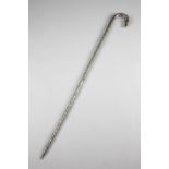 A SILVER WALKING CANE PROBABLY INDIAN, C.1940 the shepherd's crook handle with