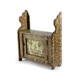 A FOLK ART WALL HANGING CABINET EARLY 20TH CENTURY decoupage decorated with cigar labels 41.8cm