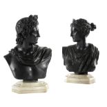 AFTER THE ANTIQUE. A PAIR OF ITALIAN BRONZE GRAND TOUR BUST OF APOLLO AND DIANA LATE 19TH CENTURY