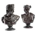 AFTER THE ANTIQUE. A PAIR OF BRONZED TERRACOTTA GRAND TOUR BUSTS OF APOLLO AND DIANA LATE 19TH